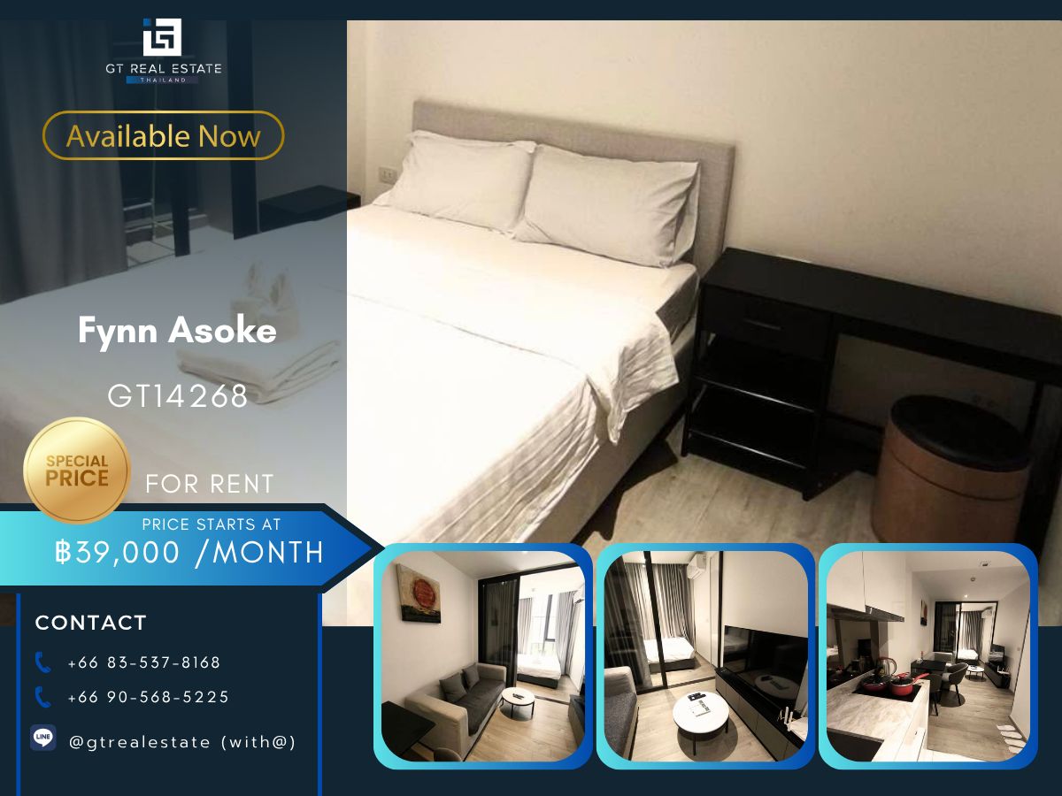 For RentCondoSukhumvit, Asoke, Thonglor : Convenient Fynn Asoke Condo, convenient to travel near the BTS Skytrain, have a beautiful room shuttle, full furniture. Ready to stay immediately