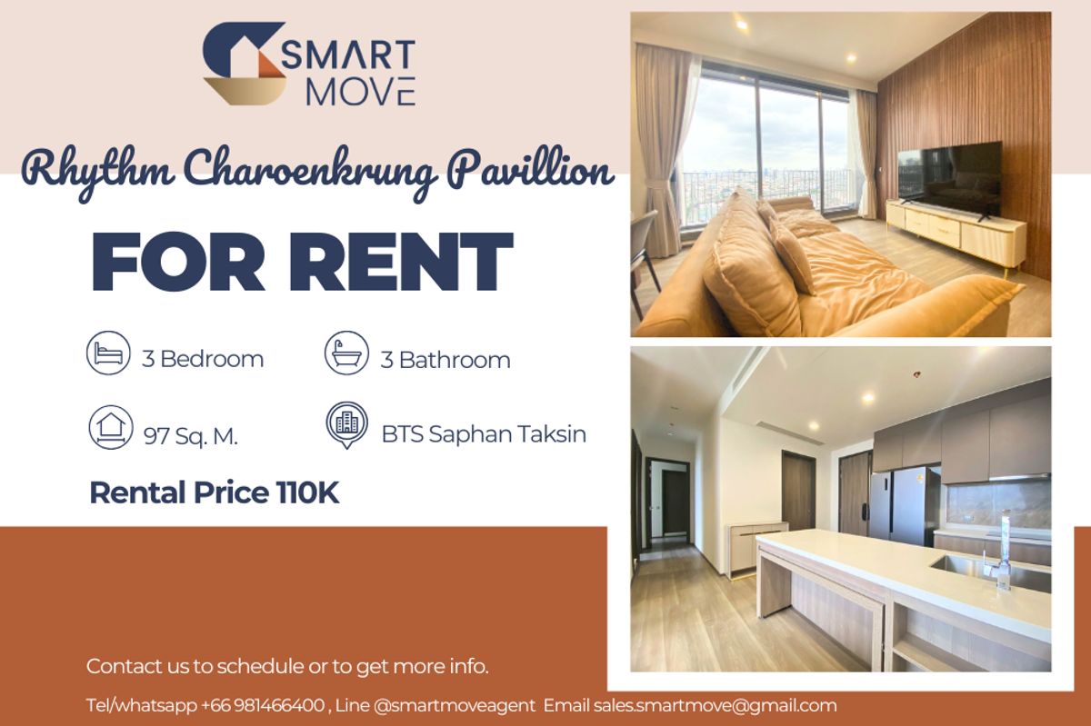 ให้เช่าคอนโดสาทร นราธิวาส : 🔥 สำหรับเช่า !!🔥 Code C20250700071..........Rhythm Charoenkrung Pavillion, 3 ห้องนอน, 3 ห้องน้ำ, ห้องทิศตะวันออก, ชั้นสูง 32++, แต่งครบ, พร้อมเข้าอยู่ 📣📣