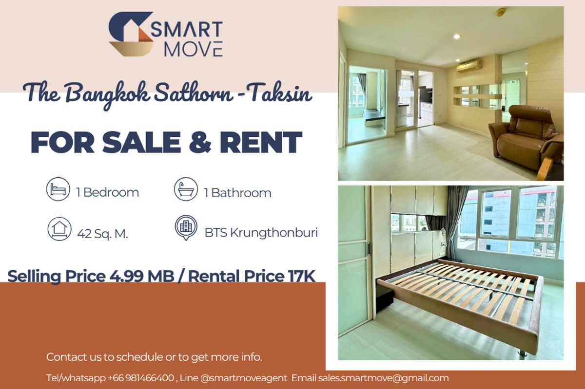 คอนโดวงเวียนใหญ่ เจริญนคร : 🔥 สำหรับขาย - เช่า !!🔥 Code C20250700060..........The Bangkok Sathorn -Taksin, 1 ห้องนอน, 1 ห้องน้ำ, ห้องทิศตะวันออก, แต่งครบ, พร้อมเข้าอยู่, ราคาพิเศษ!!📣📣