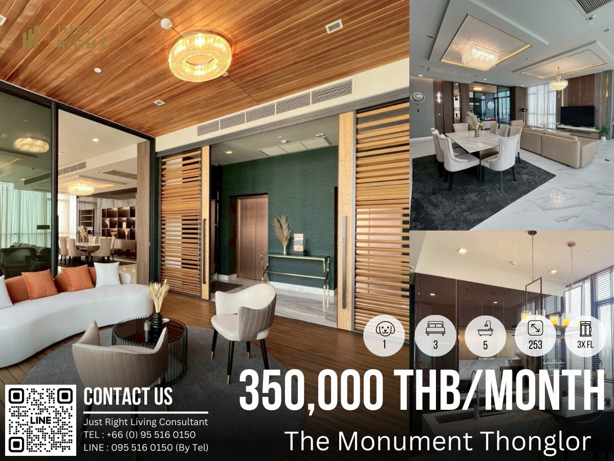 For RentCondoSukhumvit, Asoke, Thonglor : For Rent The Monument Thonglor, 3 bedrooms, 5 bathrooms, 253 sq.m., decorated Luxury Style,  a special price from 450,000, only 350,000 baht/month.  