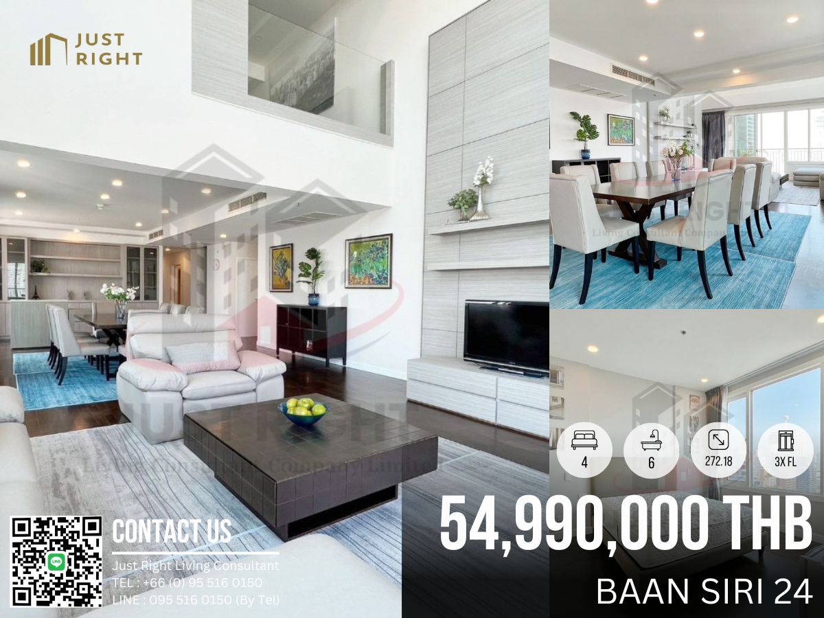 ขายคอนโดสุขุมวิท อโศก ทองหล่อ : ขาย Penthouse BAAN SIRI 24, 4 ห้องนอน 6 ห้องน้ำ 272.18 ตร.ม. ชั้นสูง 3x ตกแต่งสวย วิวตึกสูง ราคาพิเศษเพียง 54.99 ล้านบาท (ค่าโอนชำระฝ่ายละ 1%)  