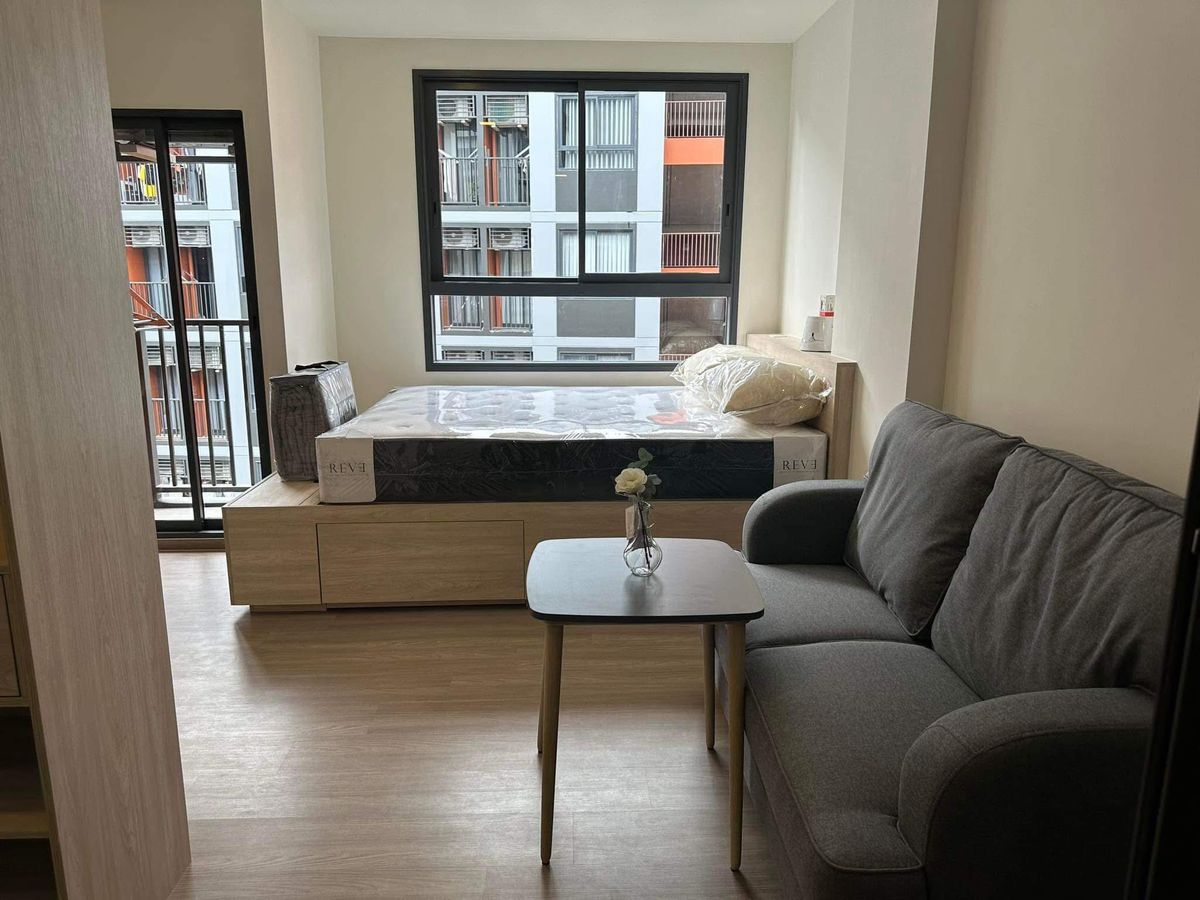 For RentCondoBangna, Bearing, Lasalle : ✨ There is a washing machine, The Muve Bangna 1, 1 bed, 25 sqm. Building A, Floor 6, only 9500 baht 🏡💖