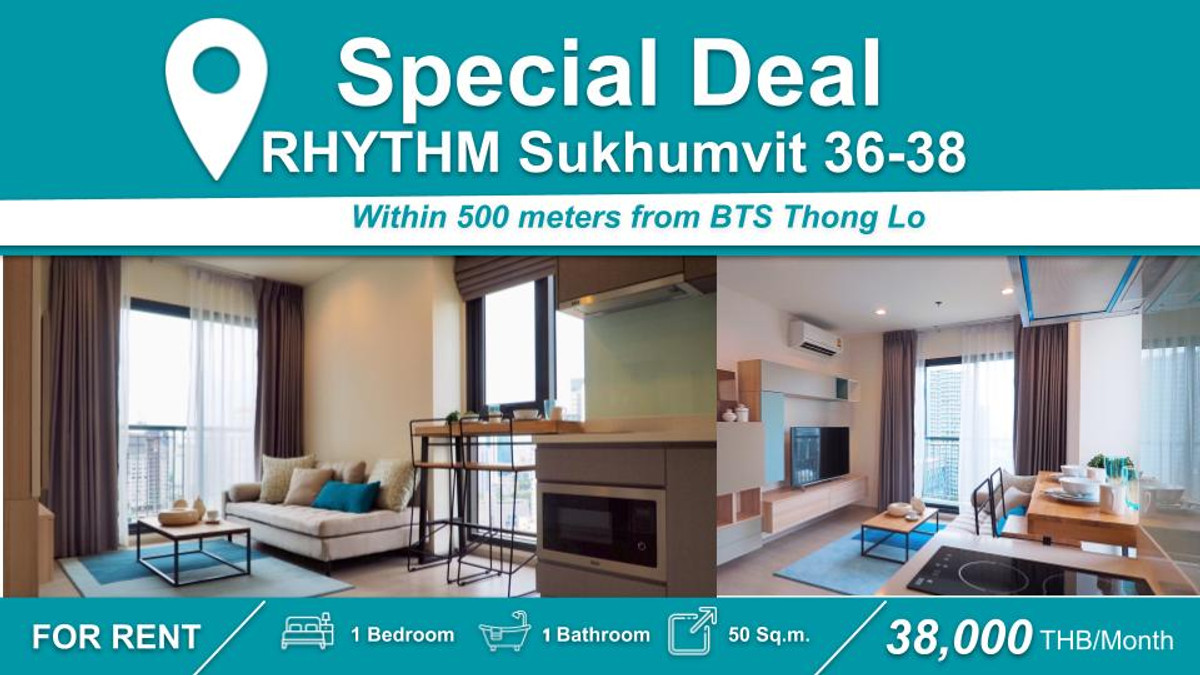ให้เช่าคอนโดสุขุมวิท อโศก ทองหล่อ : (ปล่อยเช่า) คอนโด RHYTHM สุขุมวิท 36-38  I 1-BR เฟอร์+เครื่องใช้ไฟฟ้าครบ ใกล้ 🚆BTS ทองหล่อ