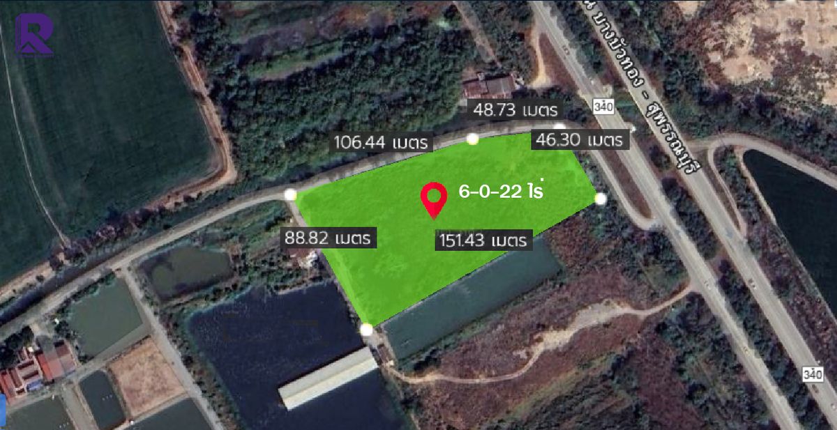 For SaleLandSuphan Buri : Land for sale 6-0-22 rai, next to Bang Bua Thong-Suphan Buri Road (304), corner plot