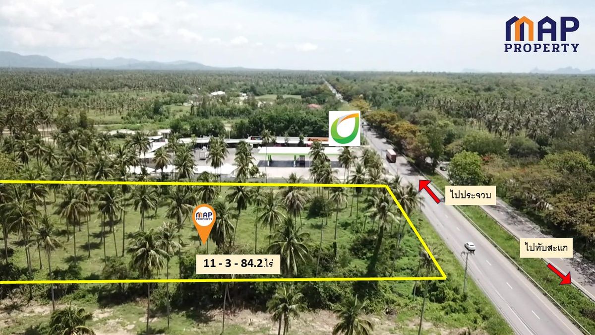 For SaleLandHuahin, Prachuap Khiri Khan, Pran Buri : Land for sale on Petchkasem Road, 11 rai 3 ngan, next to Bangchak gas