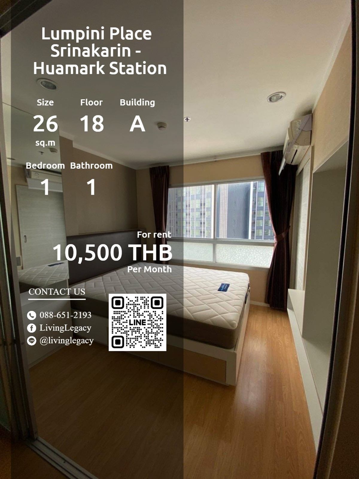 ให้เช่าคอนโดพัฒนาการ ศรีนครินทร์ : LRYZHUE4 ให้เช่าคอนโด Lumpini Place Srinakarin - Huamark Station 26 ตร.ม. ชั้น 18 ตึก A line id : @livinglegacy