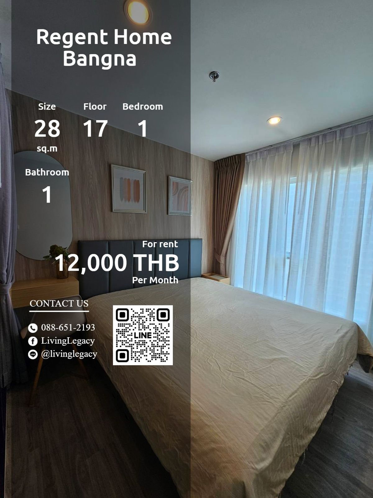 ให้เช่าคอนโดบางนา แบริ่ง ลาซาล : T0IGNR ให้เช่าคอนโด Regent Home Bangna 28 ตร.ม. ชั้น 17 line id : @livinglegacy