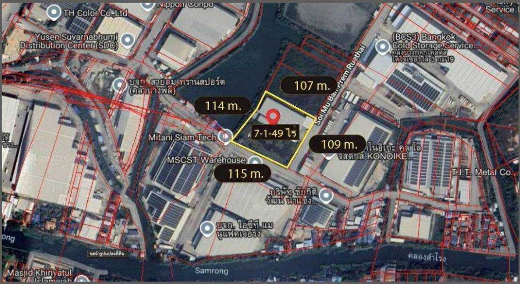 For SaleFactorySamut Prakan,Samrong : Factory for sale with land 6176 sq m, 7 rai 1 ngan 49.50 sq m, Bangna Km.19, purple map