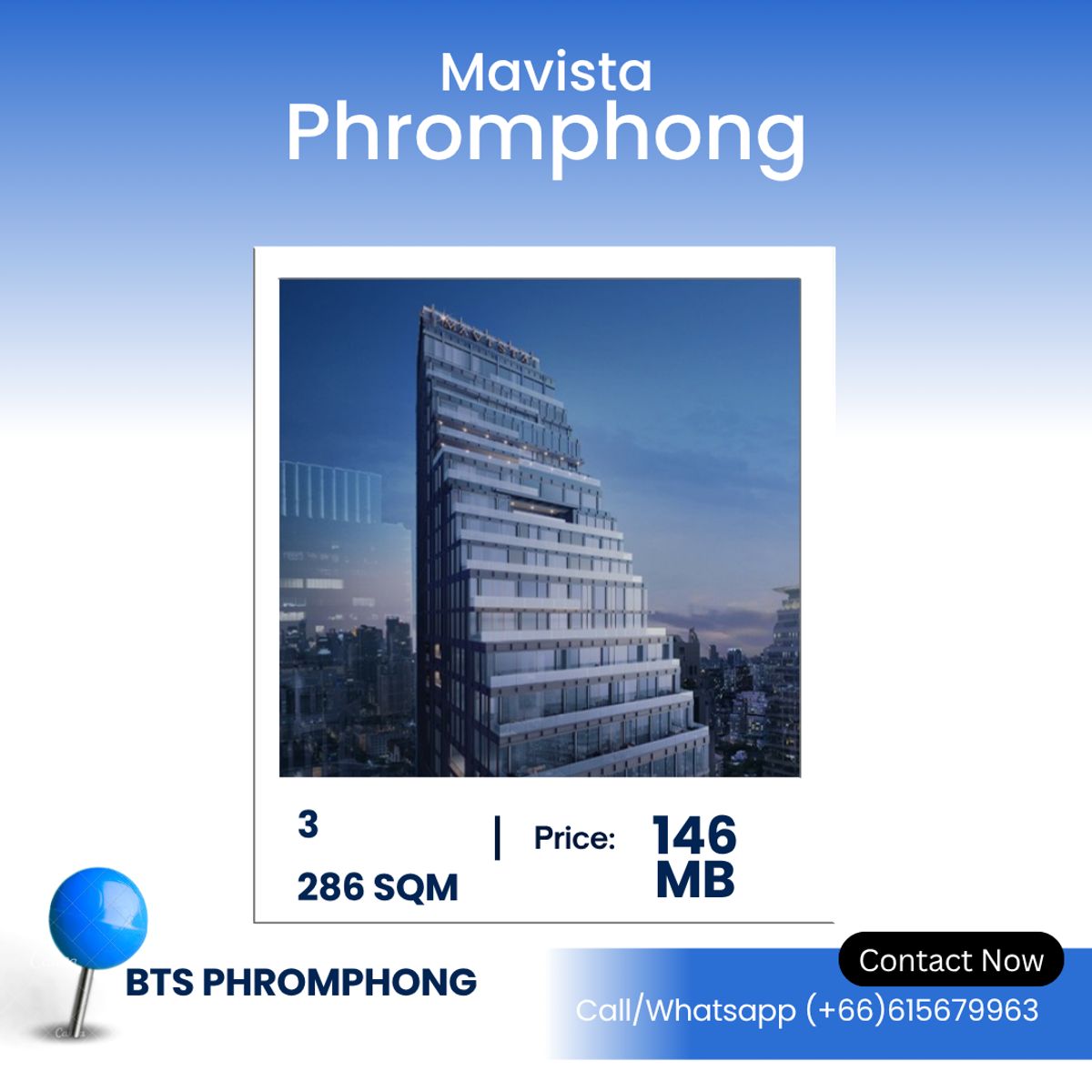For SaleCondo : Mavista Phromphong – Ultra-Luxury Residence Spacious 3-Bedroom Unit in Prime Sukhumvit Location – 286 SQ.M.
