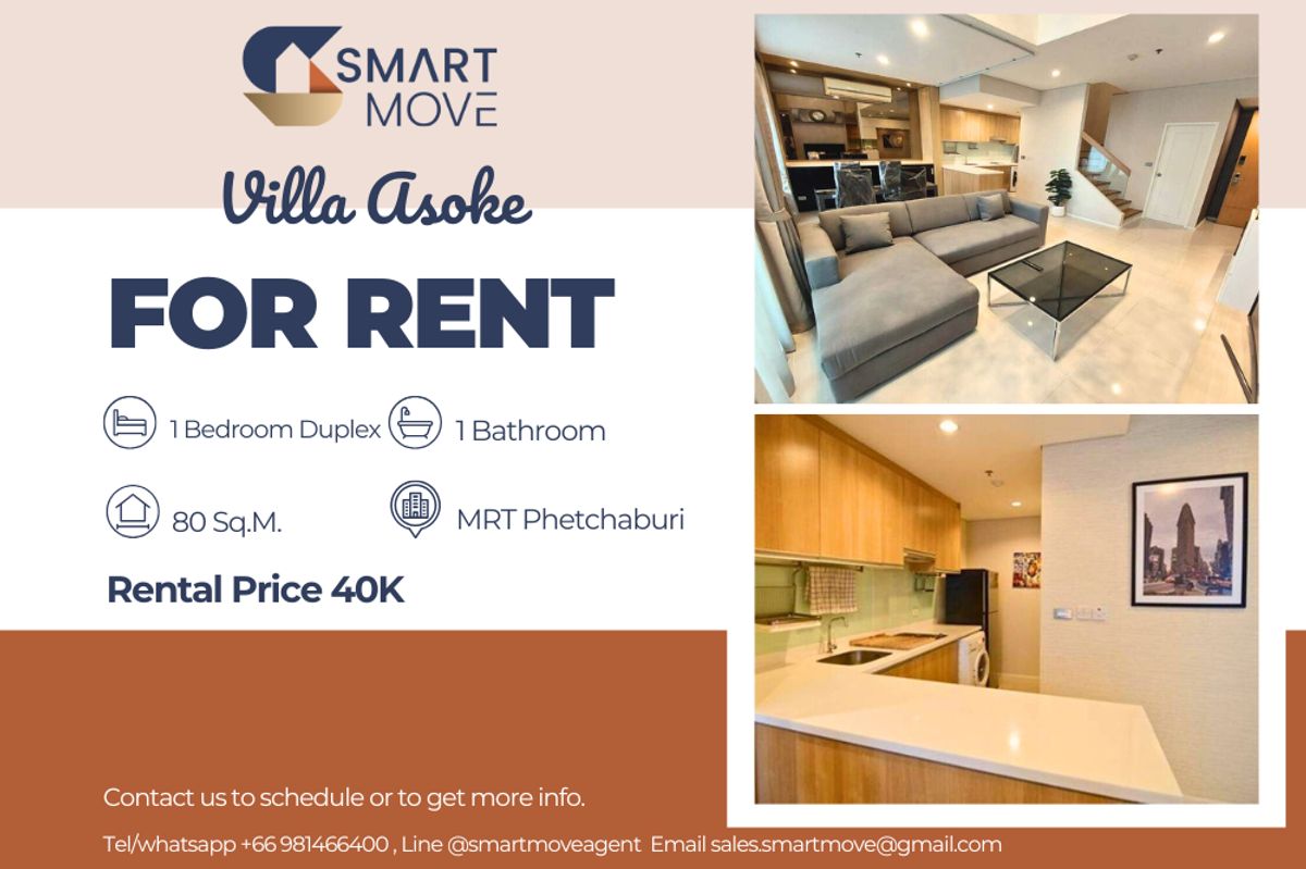 For RentCondoRama9, Petchburi, RCA : 🔥 For Rent !! 🔥 Code C20250800009..........Villa Asoke, 1 bedroom, 1 bathroom Duplex, high floor 21++, furnished, ready to move in 📣📣