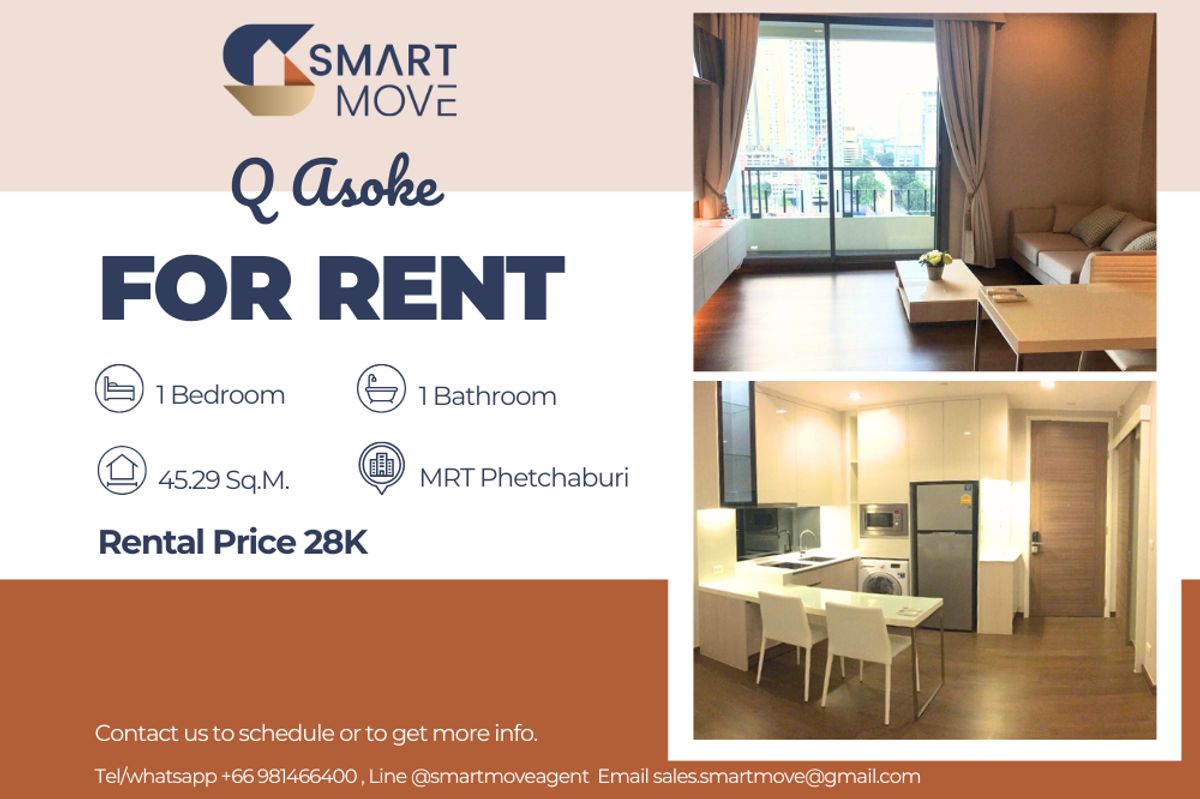 For RentCondoRama9, Petchburi, RCA : 🔥 For Rent !! 🔥 Code C20230202552..........Q Asoke, 1 bedroom, 1 bathroom, pool view, high floor 14++, furnished, ready to move in 📣📣