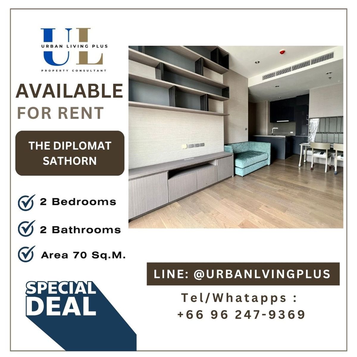 ให้เช่าคอนโดสาทร นราธิวาส : ( U20231026200 ) Tel/Line 096-2479369 , ให้เช่า เดอะ ดิโพลแมท สาทร , 2 ห้องนอน, 2 ห้องน้ำ, 70 ตร.ม. ห้องสวย ราคาพิเศษ!!