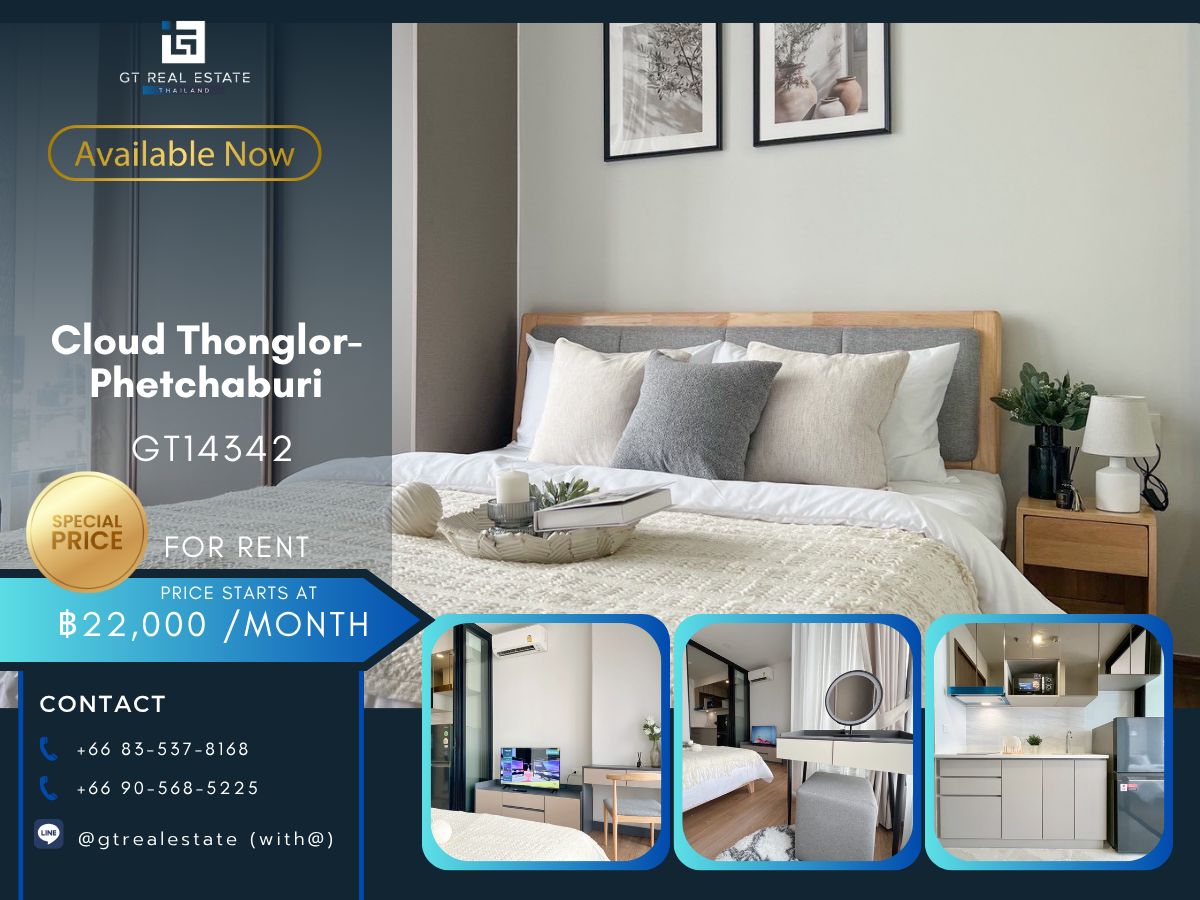 For RentCondoRama9, Petchburi, RCA : Condo Cloud Thonglor-Petchaburi. Convenient transportation, near MAT, have a beautiful room shuttle, complete furniture.