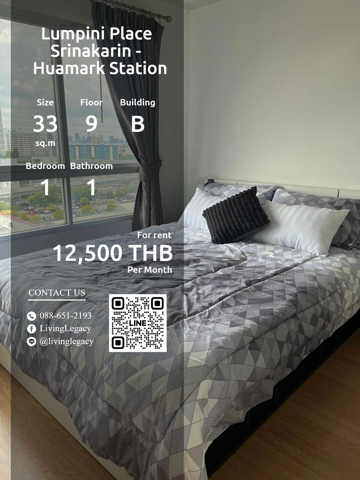 ให้เช่าคอนโดพัฒนาการ ศรีนครินทร์ : SIPTIM ให้เช่าคอนโด Lumpini Place Srinakarin - Huamark Station 33 ตร.ม. ชั้น 9 ตึก B line id : @livinglegacy