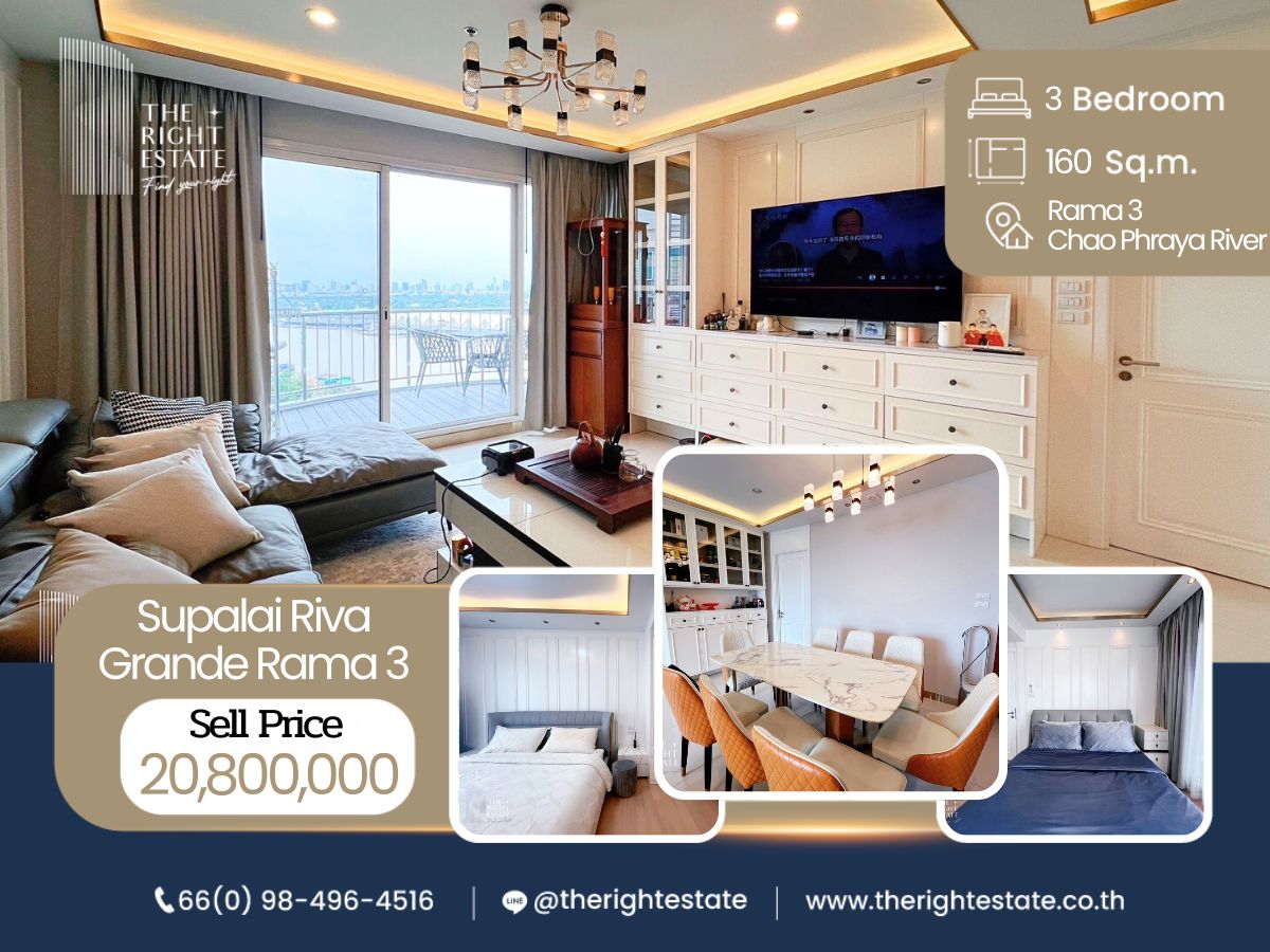 For SaleCondoRama3 (Riverside),Satupadit : 🌿 Supalai Riva Grande Rama 3 🌿 Nice room!! fully furnished 🛏3 Bed 3 Bath 160 Sq.m near Chao Phraya River