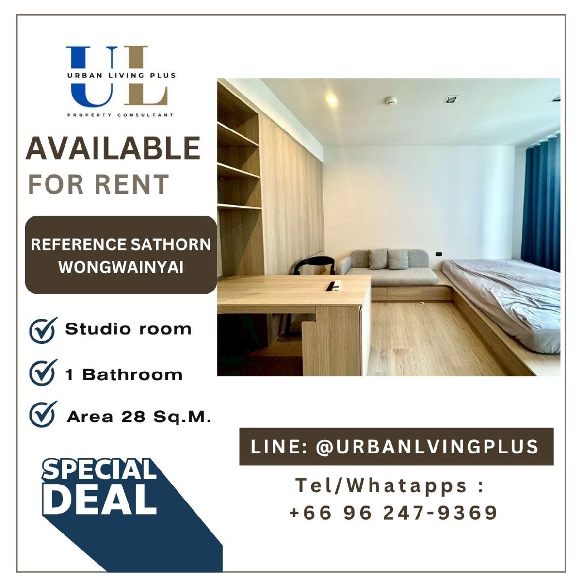 For RentCondoWongwianyai, Charoennakor : ( U20250808100 ) Tel/Line 096-2479369 , FOR RENT Reference Sathorn-Wongwianyai, Studio Room, 28 Sq.M. furnished, Never rented, Special Deal!!