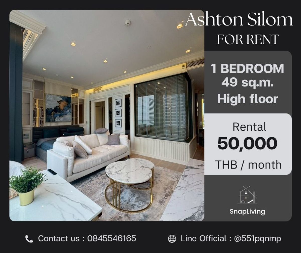 For RentCondoSilom, Saladaeng, Bangrak : 𝐅𝐎𝐑 𝐑𝐄𝐍𝐓🔥 𝐀𝐬𝐡𝐭𝐨𝐧 𝐒𝐢𝐥𝐨𝐦 𝐒𝐢𝐥𝐨𝐦 1 Bedroom Big Decorated 49.79 sqm. High Flor 50,000 THB / Month. Call 084-554-6165.