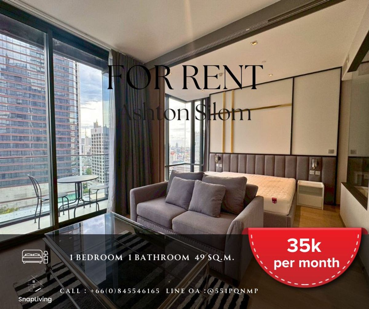 For RentCondoSilom, Saladaeng, Bangrak : 𝐅𝐎𝐑 𝐑𝐄𝐍𝐓🔥 𝐀𝐬𝐡𝐭𝐨𝐧 𝐒𝐢𝐥𝐨𝐦 𝐒𝐢𝐥𝐨𝐦 1 Bedroom, large bedroom, 49.79 sqm. High Flor. See the River 35,000 THB / Month. Call 084-554-6165.