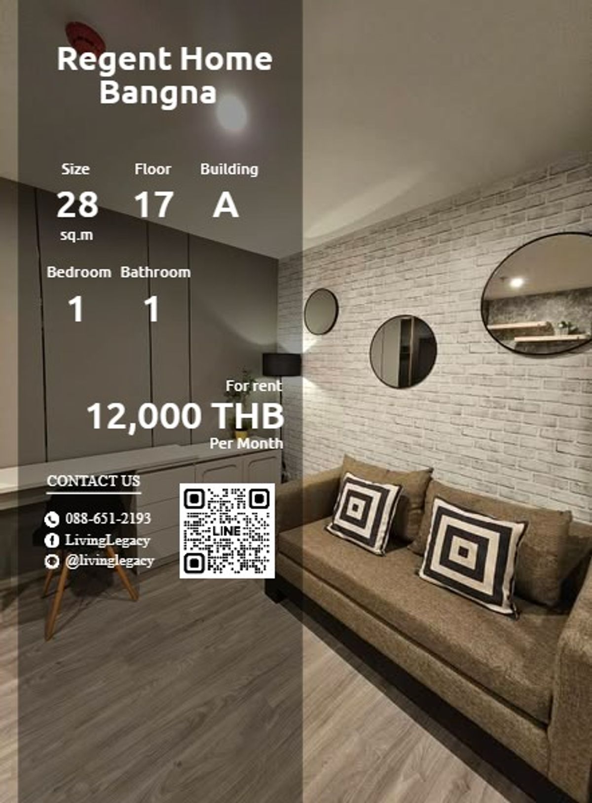 ให้เช่าคอนโดบางนา แบริ่ง ลาซาล : T0R72N ให้เช่าคอนโด Regent Home Bangna 28 ตร.ม. ชั้น 17 ตึก A line id : @livinglegacy