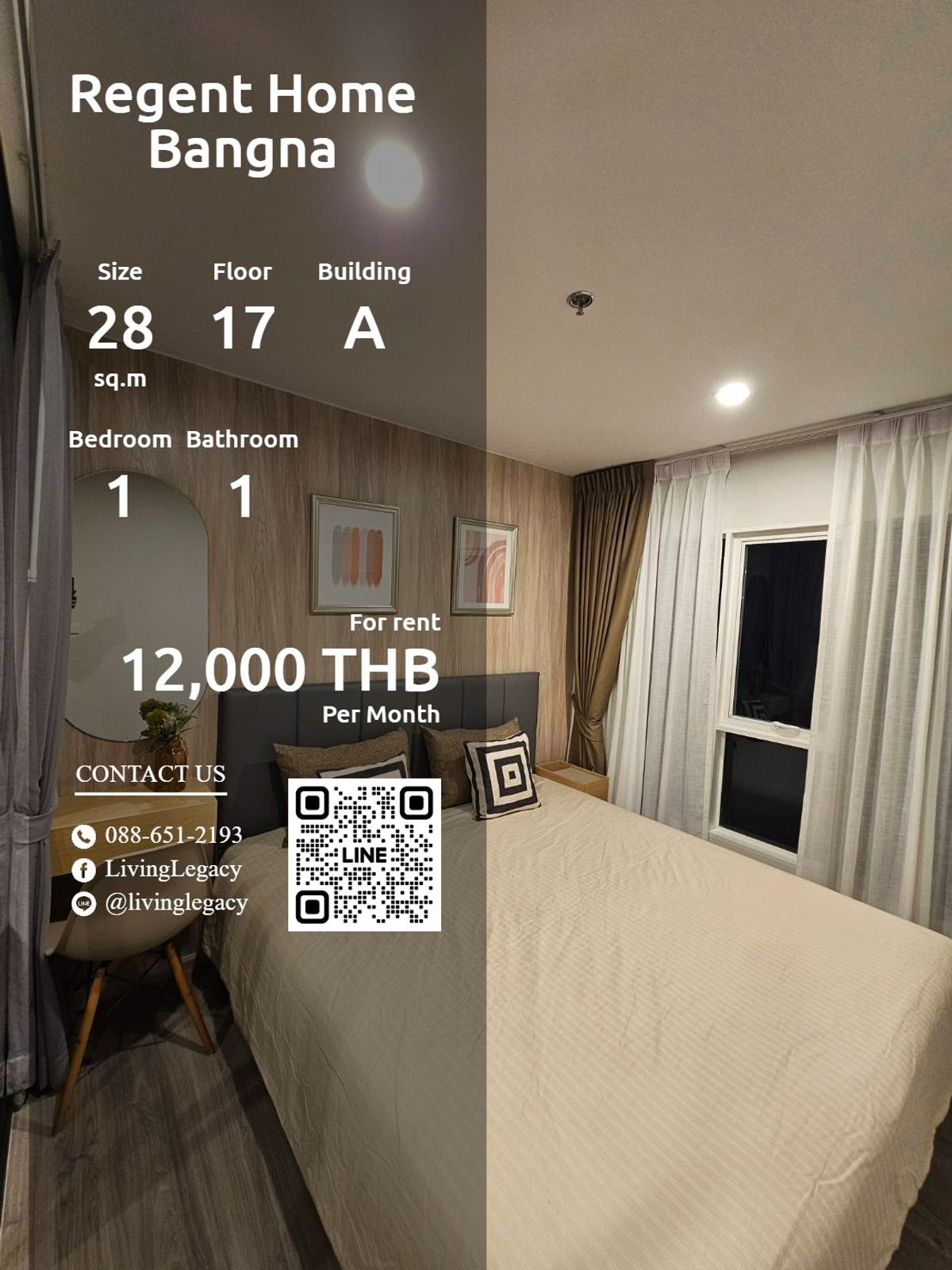 ให้เช่าคอนโดบางนา แบริ่ง ลาซาล : T0S23P ให้เช่าคอนโด Regent Home Bangna 28 ตร.ม. ชั้น 17 ตึก A line id : @livinglegacy