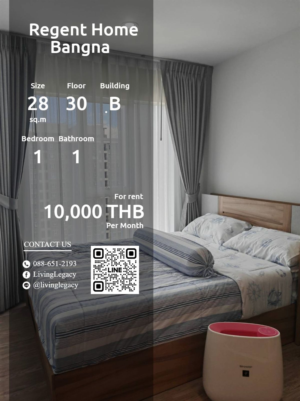 ให้เช่าคอนโดบางนา แบริ่ง ลาซาล : T0VKOV ให้เช่าคอนโด Regent Home Bangna 28 ตร.ม. ชั้น 30 ตึก ฺB line id : @livinglegacy