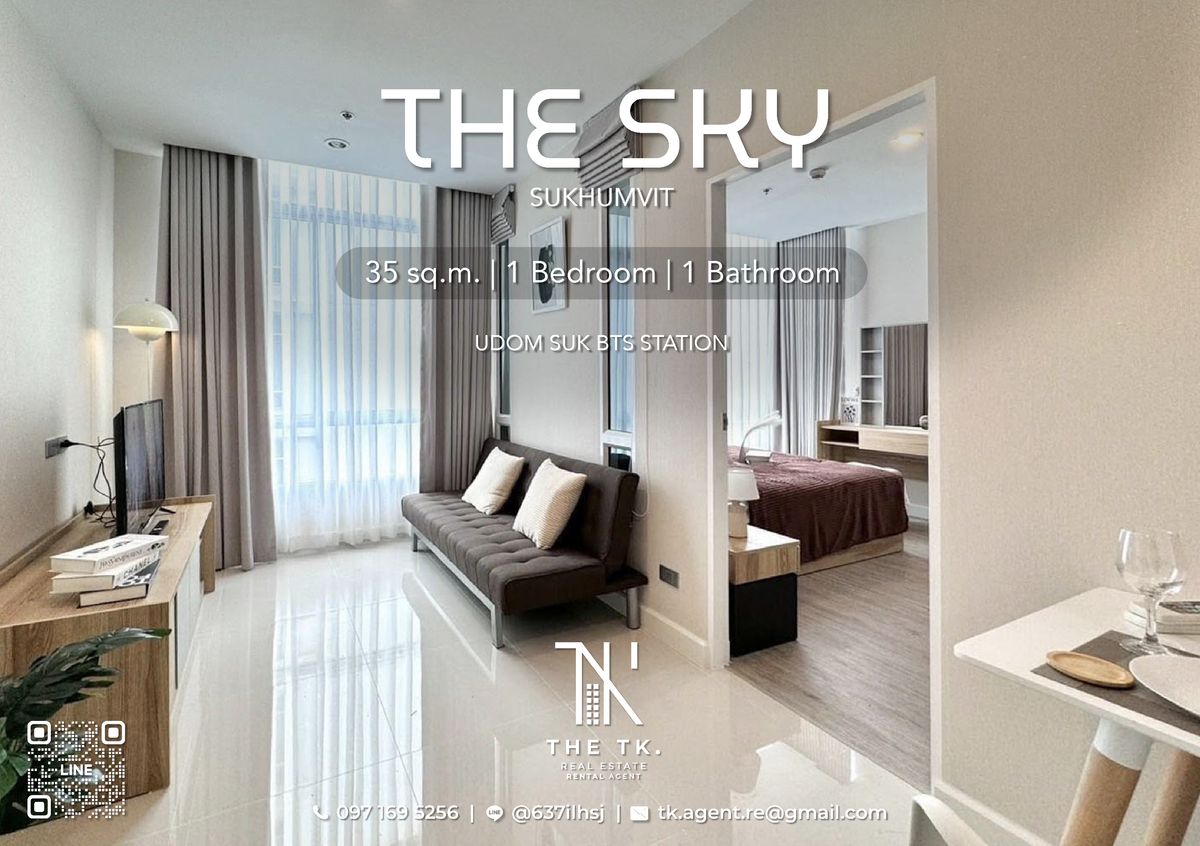 ให้เช่าคอนโดอ่อนนุช อุดมสุข : ให้เช่าคอนโด The Sky Sukhumvit ขนาด 35 ตร.ม. 1 ห้องนอน 1 ห้องน้ำ ใกล้ BTS อุดมสุข พร้อมเข้าอยู่ 18/08/2025 | ติดต่อคุณทีเค Line ID @637ilhsj