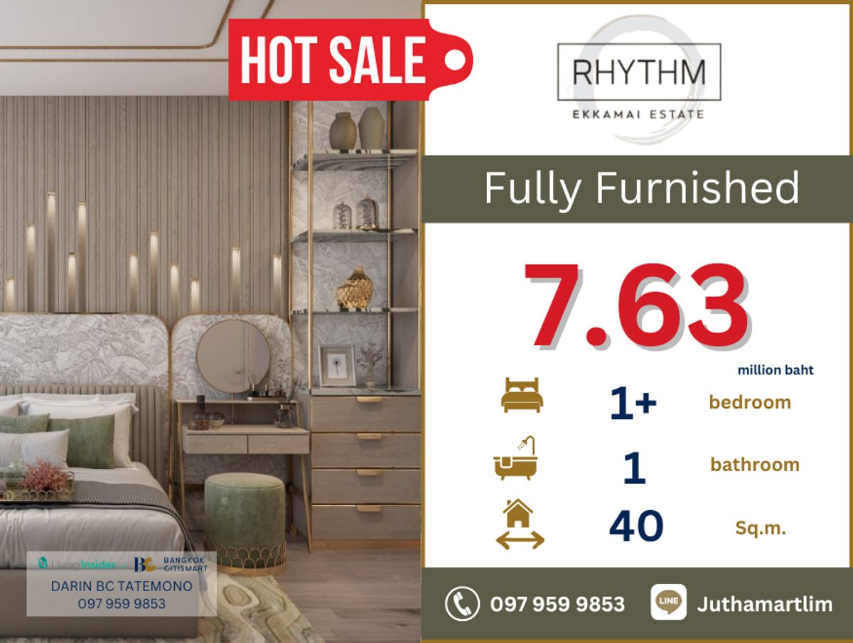 ขายคอนโดสุขุมวิท อโศก ทองหล่อ : 🔥ซื้อตรงกับโครงการ🔥 Rhythm Ekkamai Estate 1 ห้องนอน 1 ห้องเอนกประสงค์ 1 ห้องน้ำ ชั้น 12A ขนาด 40 ตร.ม.  ราคา 7,630,000.00 บาท แต่งครบ พร้อมเข้าอยู่ 097 959 9853