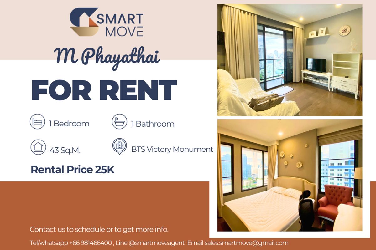 For RentCondoRatchathewi,Phayathai : 🔥 For Rent !!🔥 Code C20250800033..........M Phayathai, 1 bedroom, 1 bathroom, high floor 21++, furnished, ready to move in 📣📣