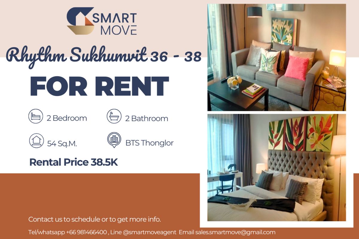 For RentCondoSukhumvit, Asoke, Thonglor : 🔥 For Rent !! 🔥 Code C20221210404..........Rhythm Sukhumvit 36 - 38, 2 bedroom, 2 bathroom, corner room, high floor 19++, furnished, ready to move in 📣📣
