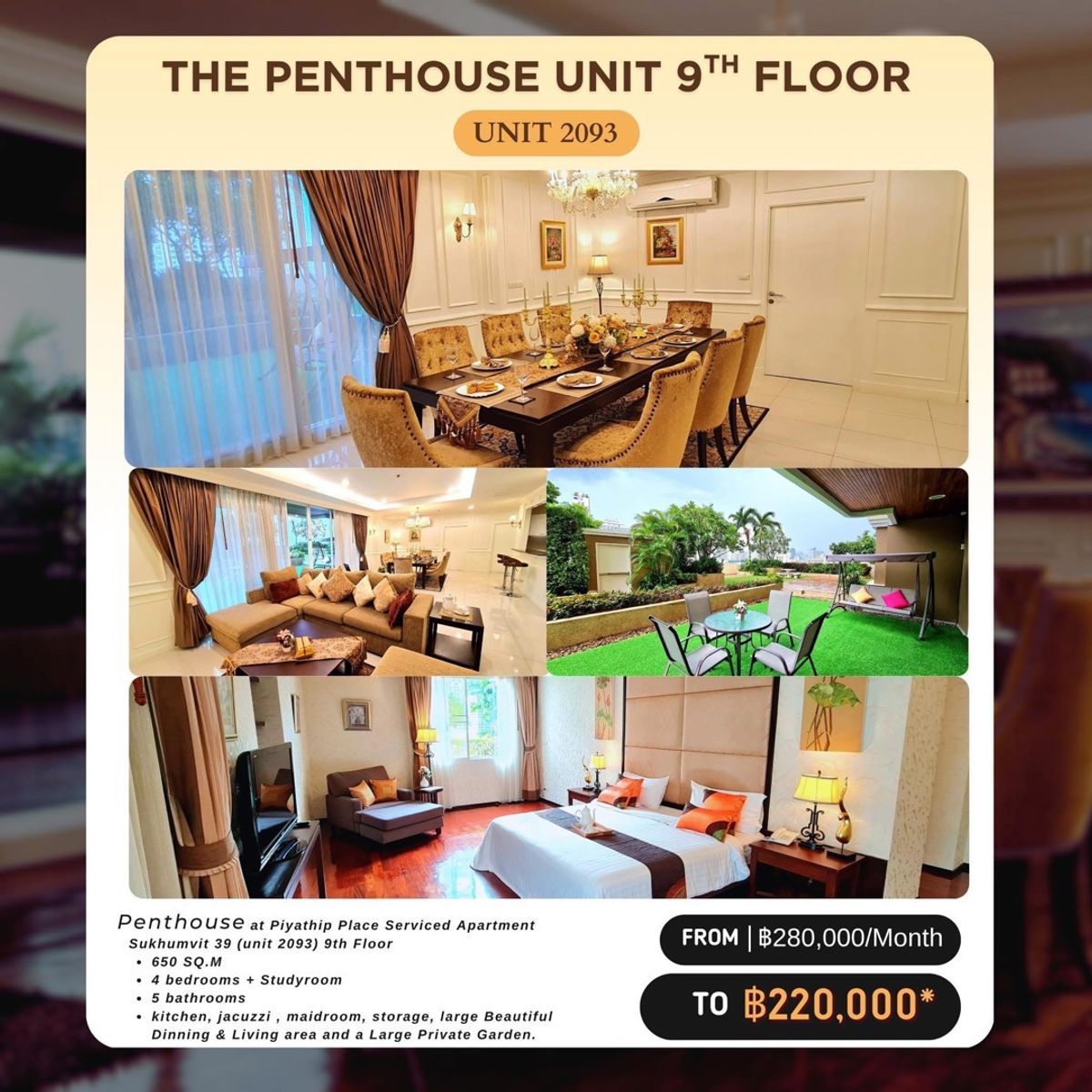 ให้เช่าสุขุมวิท อโศก ทองหล่อ : The 4-Bedroom Penthouse Residence for Rent, 650 Sq.m on the 9th Floor (small pet allowed).