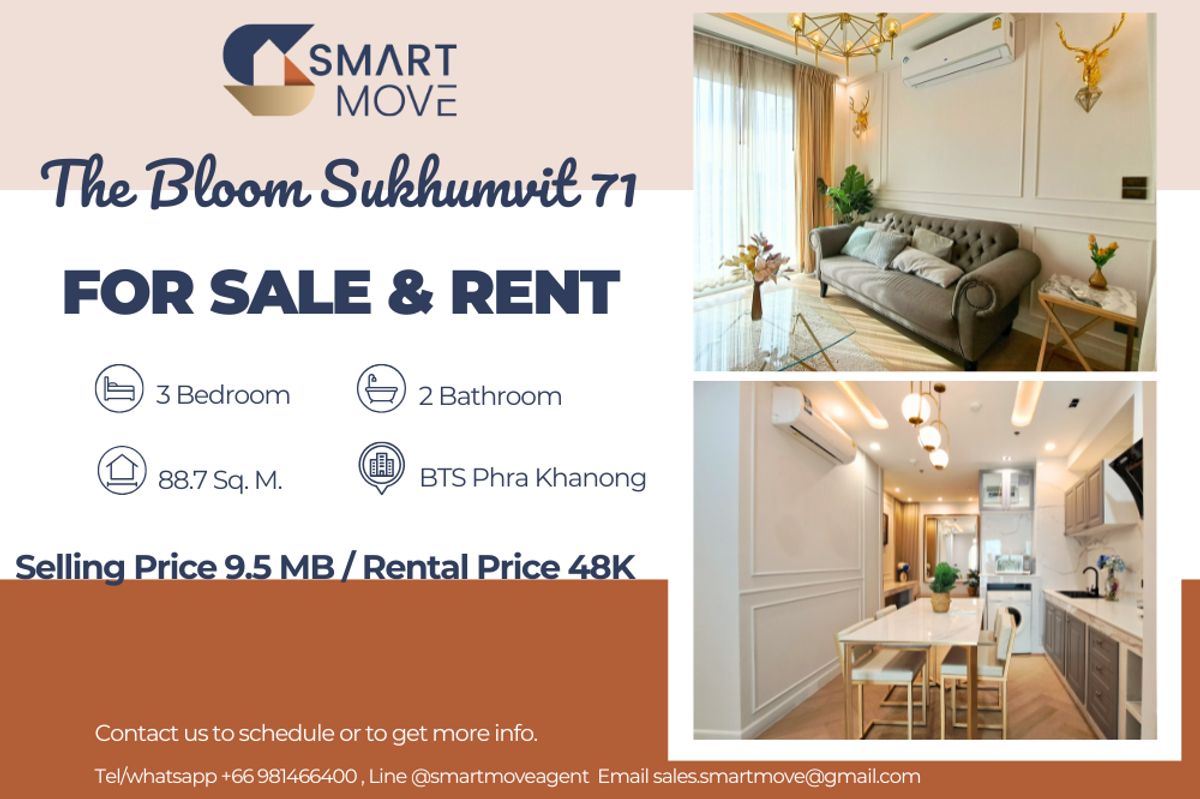 คอนโดอ่อนนุช อุดมสุข : 🔥 สำหรับขาย - เช่า !!🔥 Code C20230207566..........The Bloom Sukhumvit 71, 3 ห้องนอน, 2 ห้องน้ำ, ห้องทิศเหนือ, ชั้นสูง 14++, แต่งครบ, พร้อมเข้าอยู่, ราคาพิเศษ!!📣📣