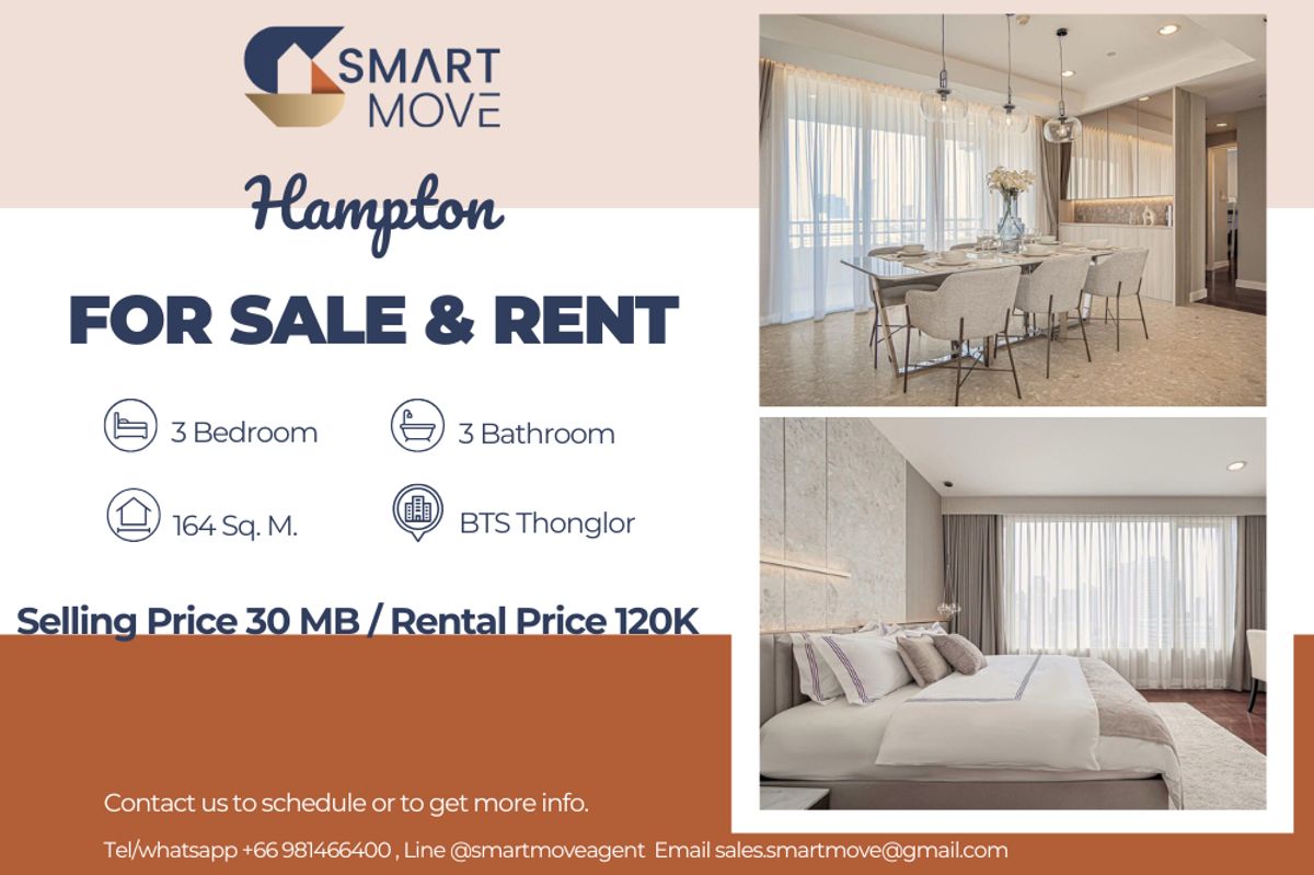 CondoSukhumvit, Asoke, Thonglor : 🔥 For Sale - Rent !!🔥 Code C20250800018..........Hampton, 3 bedroom, 3 bathroom 1 Maid Room, high floor 17++, furnished, ready to move in, Special Deal!!📣📣