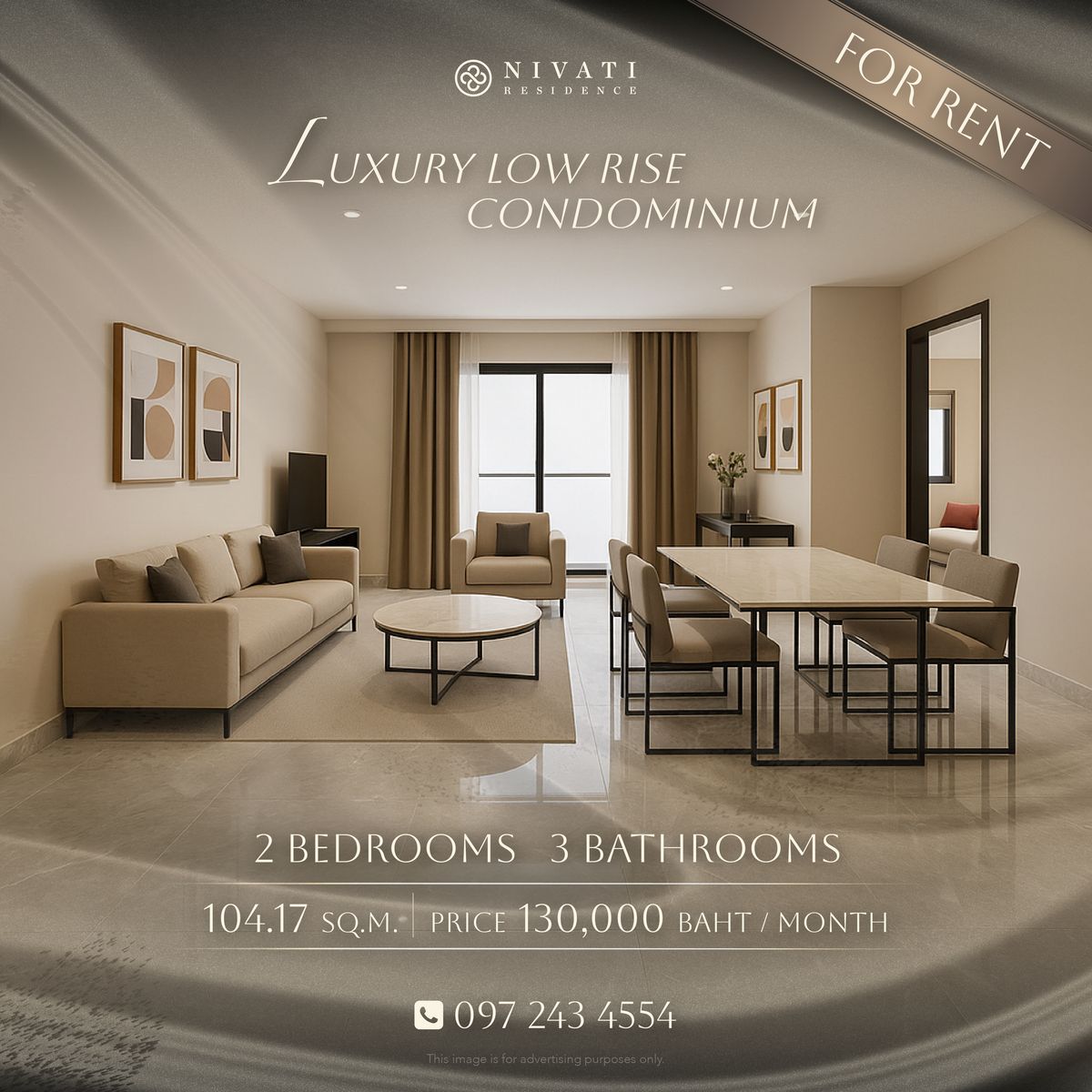 ให้เช่าคอนโดสุขุมวิท อโศก ทองหล่อ : NIVATI RESIDENCE Thonglor23 104.17 Sq.m. | Rental Price 130,000 THB / Month | 2 Bedrooms (Pet Friendly)