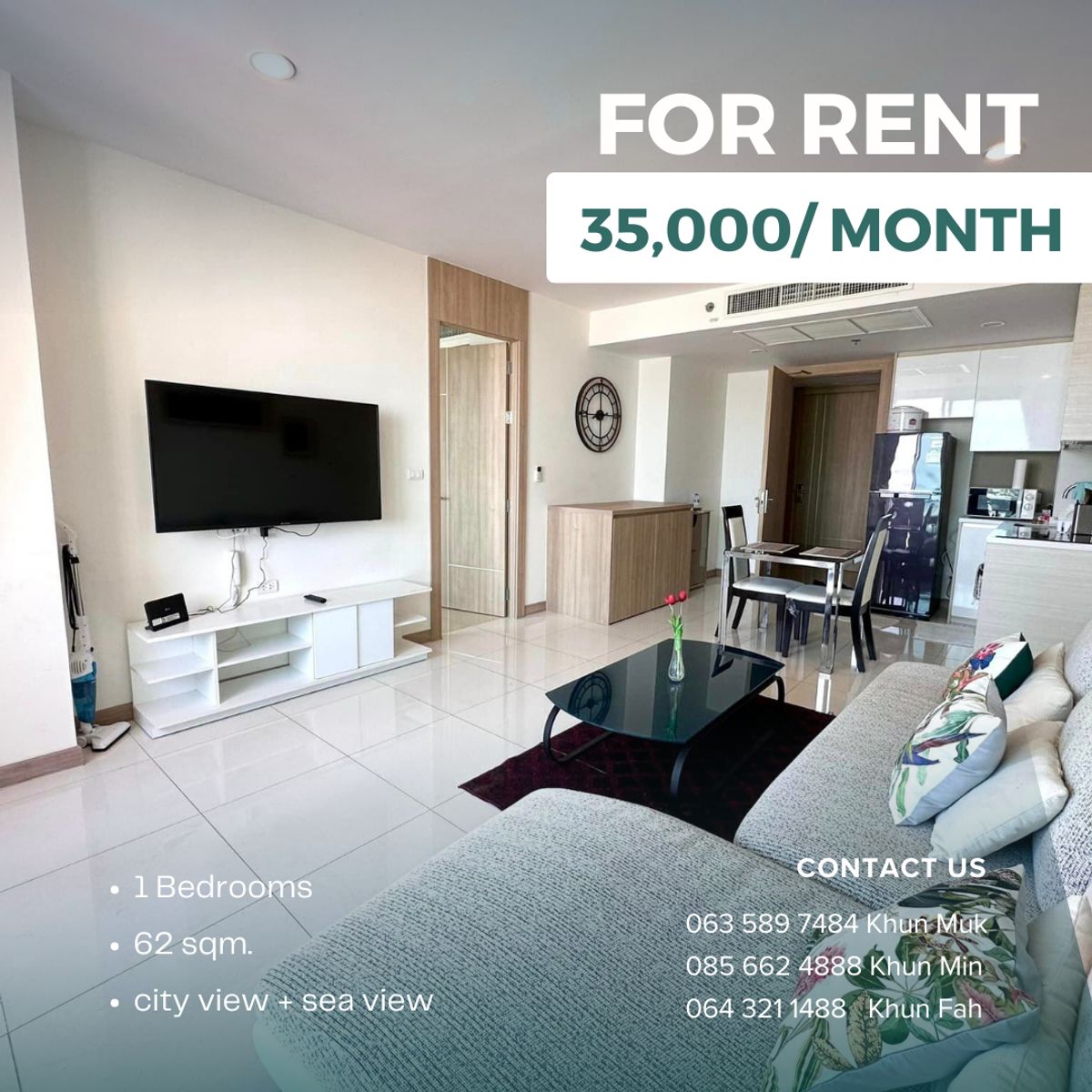 ให้เช่าคอนโดพัทยา บางแสน ชลบุรี สัตหีบ : 🔥 For Rent – The Riviera Wongamat Condo, Pattaya 🔥 💰 35,000 THB/month | 62 SQ.M. | 28th Floor | City & Sea View 🌊🌆