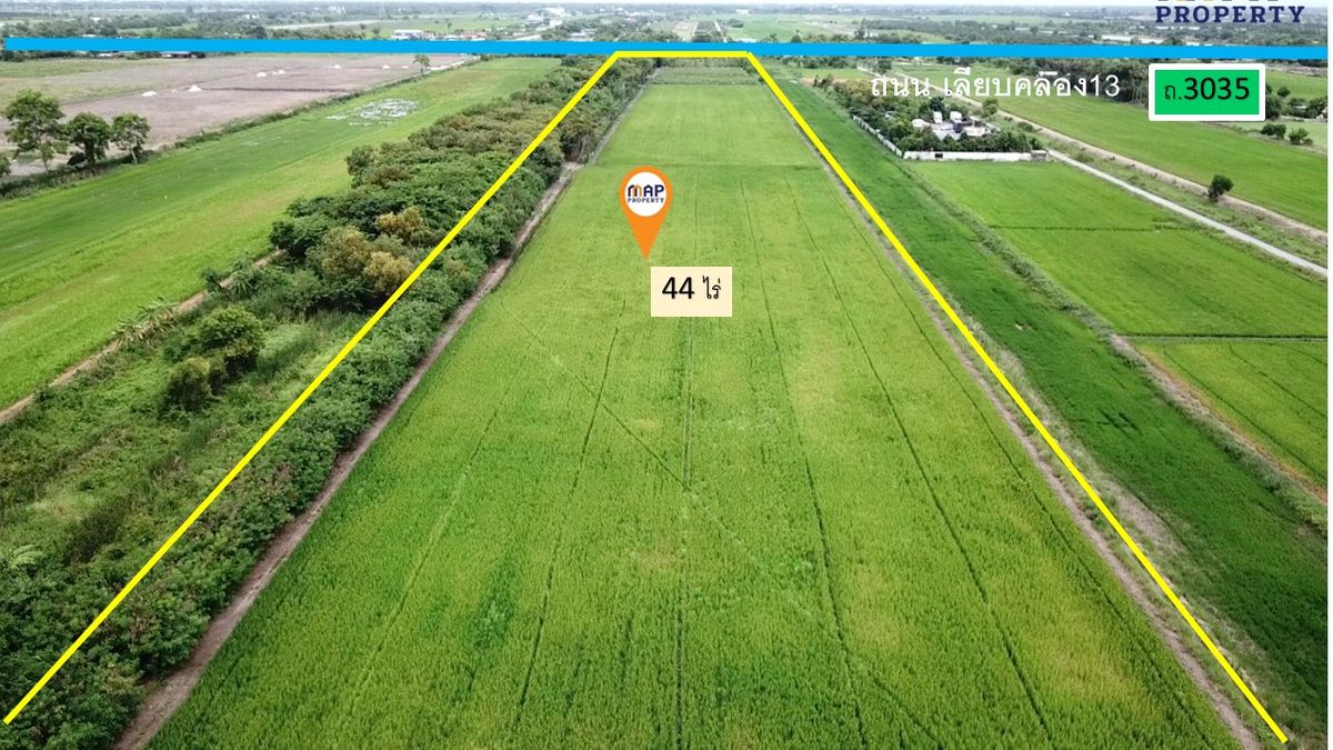 ขายที่ดินปทุมธานี รังสิต ธรรมศาสตร์ : ขายที่ดินสวนเกษตรผสมผสาน  44 ไร่ ติดถนนเลียบ คลอง 13