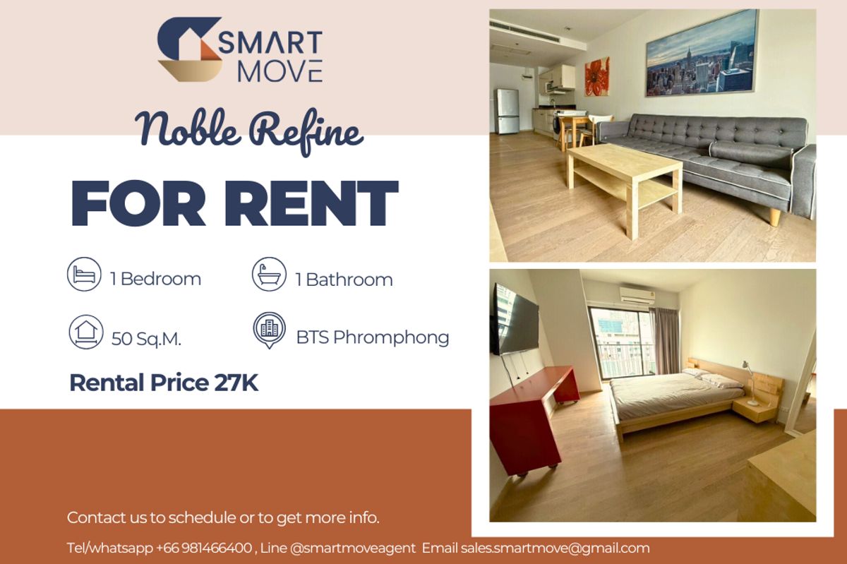 For RentCondoSukhumvit, Asoke, Thonglor : 🔥 For Rent !!🔥 Code C20240301394..........Noble Refine, 1 bedroom, 1 bathroom, furnished, ready to move in 📣📣
