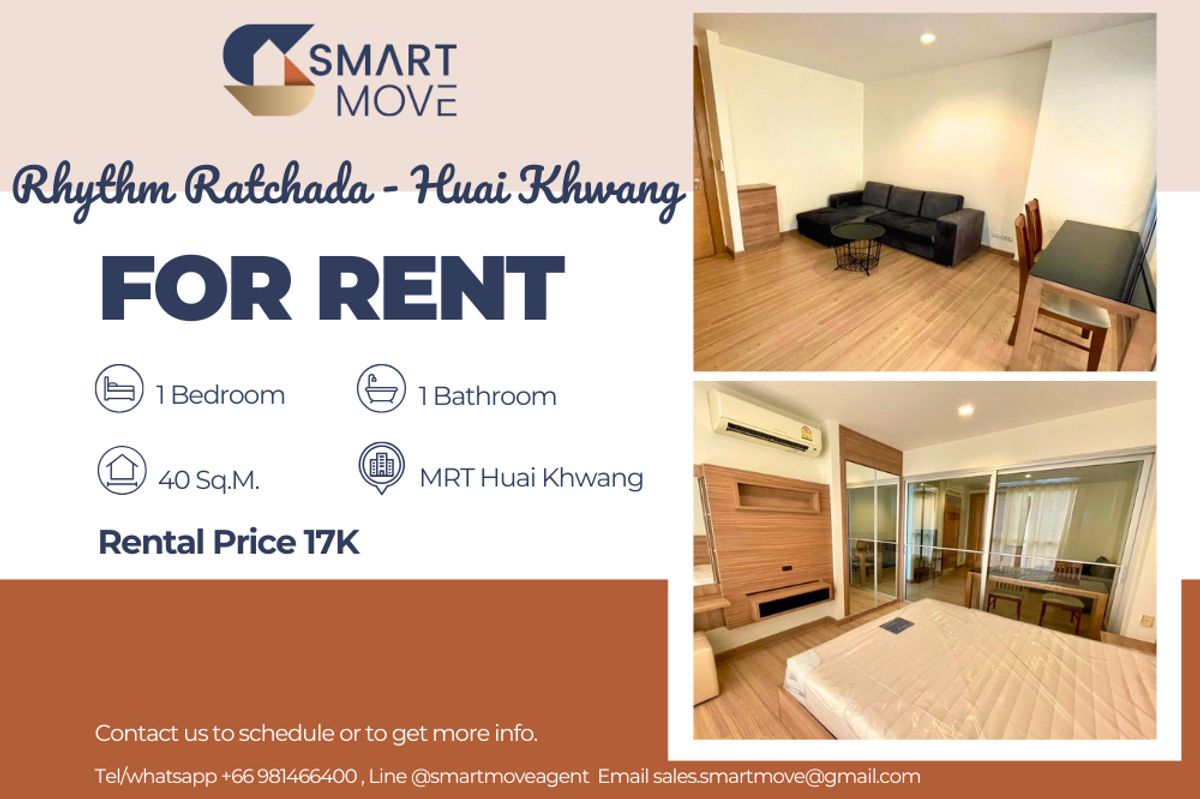 ให้เช่าคอนโดรัชดา ห้วยขวาง : 🔥 สำหรับเช่า !! 🔥 Code C20250800040..........Rhythm Ratchada - Huai Khwang, 1 ห้องนอน, 1 ห้องน้ำ, ชั้นสูง 24++, วิวเมือง, แต่งครบ, พร้อมเข้าอยู่ 📣📣