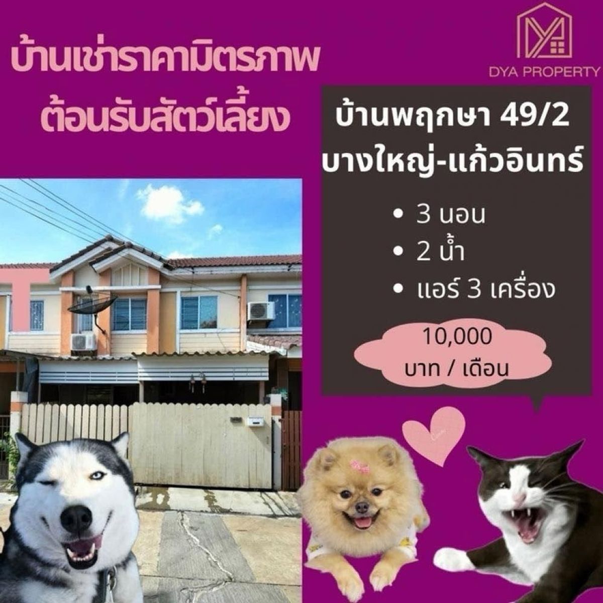 ให้เช่าทาวน์โฮมนนทบุรี บางใหญ่ บางบัวทอง : ว่าง 15/9/68 ให้เช่า ทาวน์โฮม บ้านพฤกษา 49/2 บางใหญ่-แก้วอินทร์ ใกล้เซ็นทรัล เวสต์เกต เลี้ยงสัตว์ได้ 