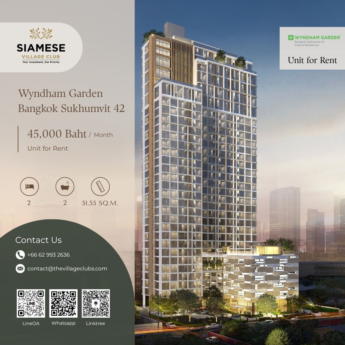 ให้เช่าคอนโดสุขุมวิท อโศก ทองหล่อ : Wyndham Garden Bangkok Sukhumvit 42 for Rent