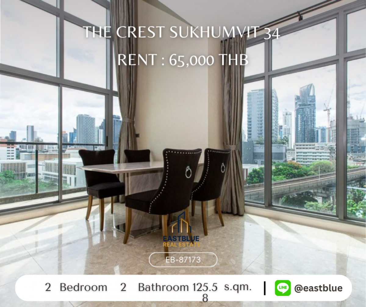 ให้เช่าคอนโดสุขุมวิท อโศก ทองหล่อ : Luxury 2-Bed Condo at The Crest Sukhumvit 34 – Near BTS Thong Lo 
125 sqm, Pool, Gym & Sky Lounge – Rent 65,000 THB/month!