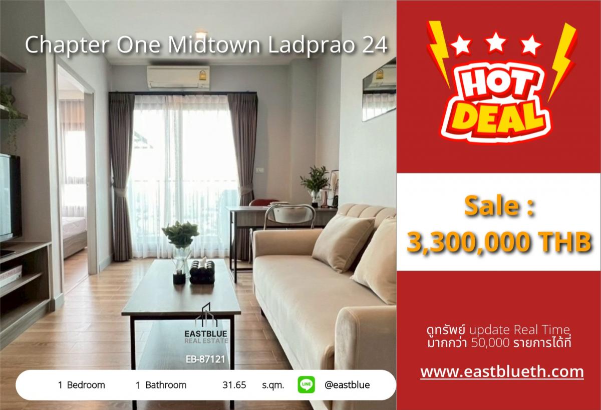 For SaleCondoOnnut, Udomsuk : ราคาจริงรวมค่าใช้จ่ายแล้วคอนโดหรู Chapter One Midtown ลาดพร้าว 24 ใกล้ BTS/MRT ลาดพร้าว 
1 ห้องนอน ขนาด 31.65 ตร.ม. ราคาพิเศษ 3.3 ลบ. พร้อมอยู่!