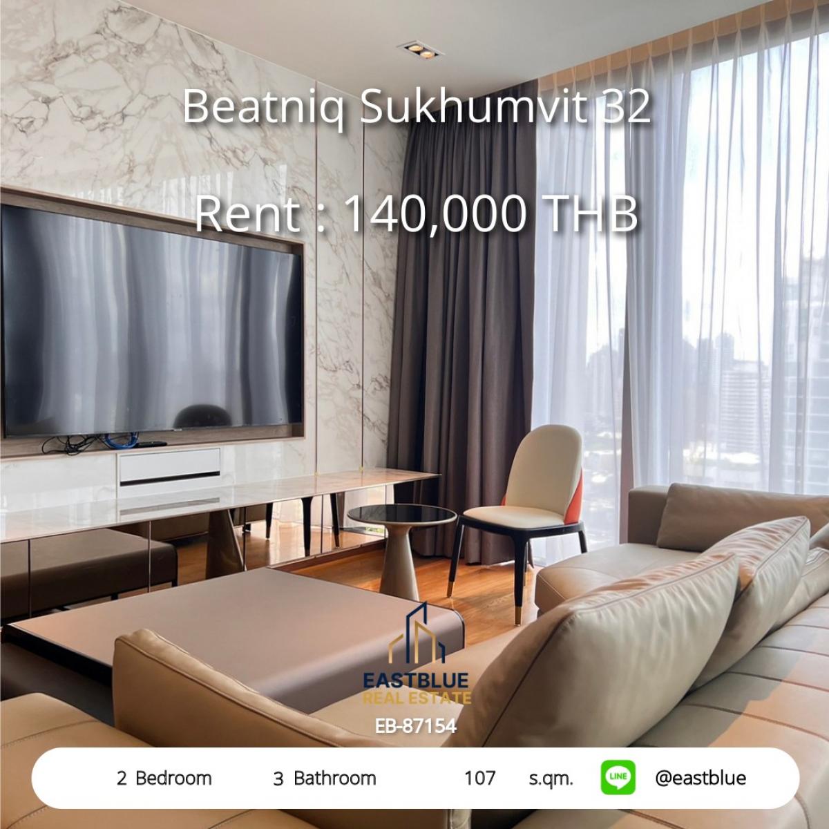 For RentCondoSukhumvit, Asoke, Thonglor : Luxury 2-Bed Condo for Rent at Beatniq Sukhumvit 32 – Prime Thong Lo Location! 
Spacious 107 sqm with Top Facilities, Near BTS & Shopping Malls – 140,000 THB/month!