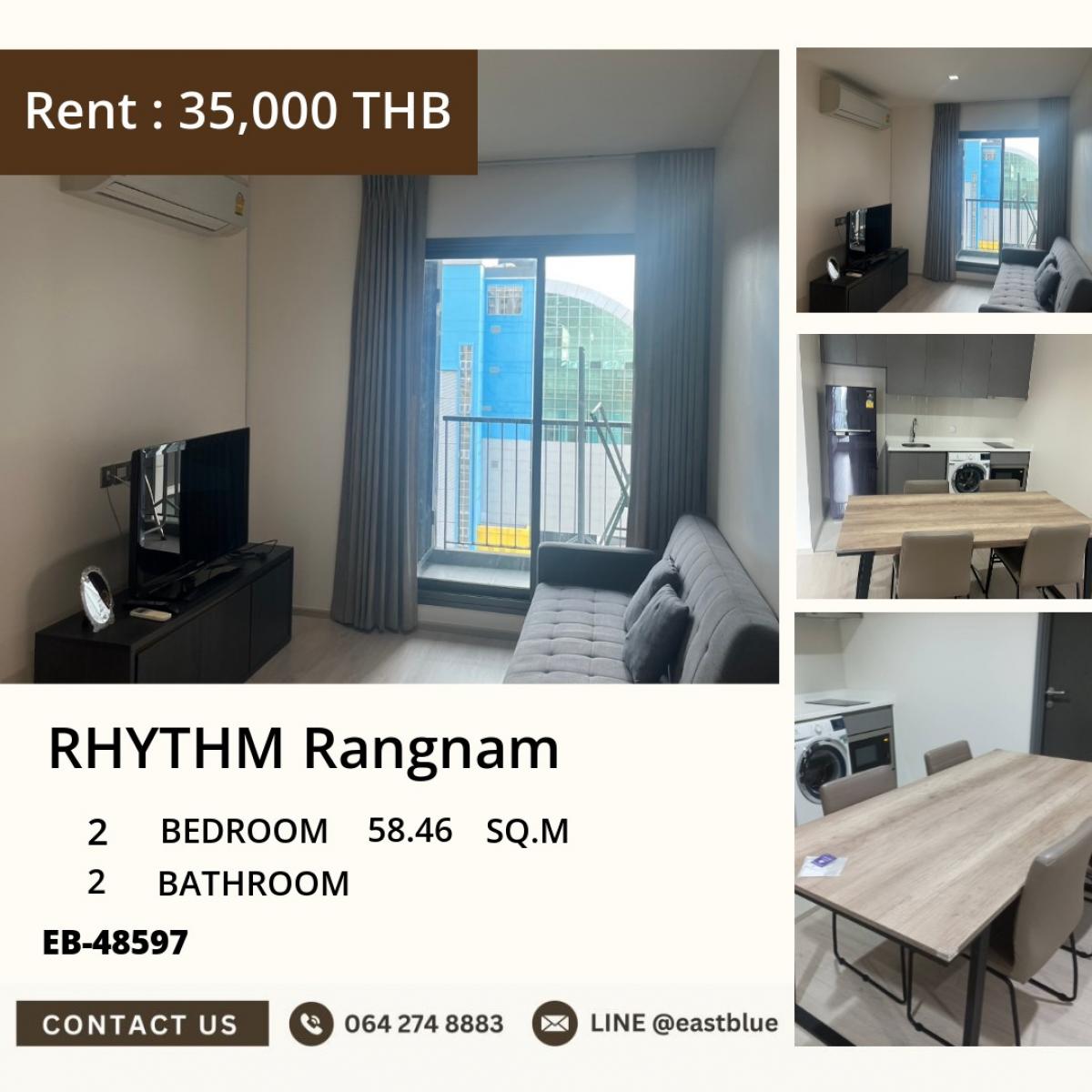 For RentCondoRatchathewi,Phayathai : 18/03/2026, Condo RHYTHM Rangnam 2 bedrooms near BTS Victory Monument
Rent only 35,000 Baht/month with complete facilities! 0642748883