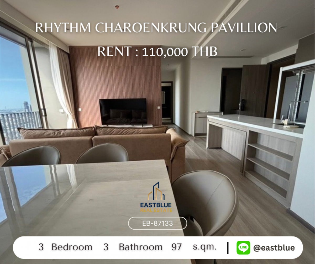 For RentCondoSathorn, Narathiwat : Luxury 3-Bed Condo at Rhythm Charoenkrung – Prime Location Near BTS & Asiatique! 
Spacious 97 sqm, 110K/month with Pool, Gym & Stunning River Views!
