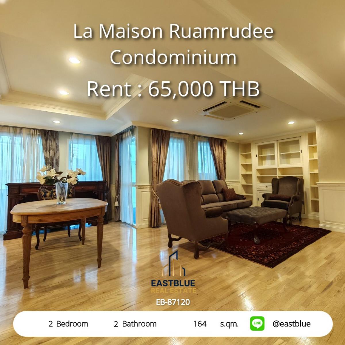 For RentCondoWitthayu, Chidlom, Langsuan, Ploenchit : 2 bedrooms, 164 sq.m. @LA Maison Ruamrudee, ready to be near BTS. Convenient to travel! Renting only 65,000 baht/month. Contact now!