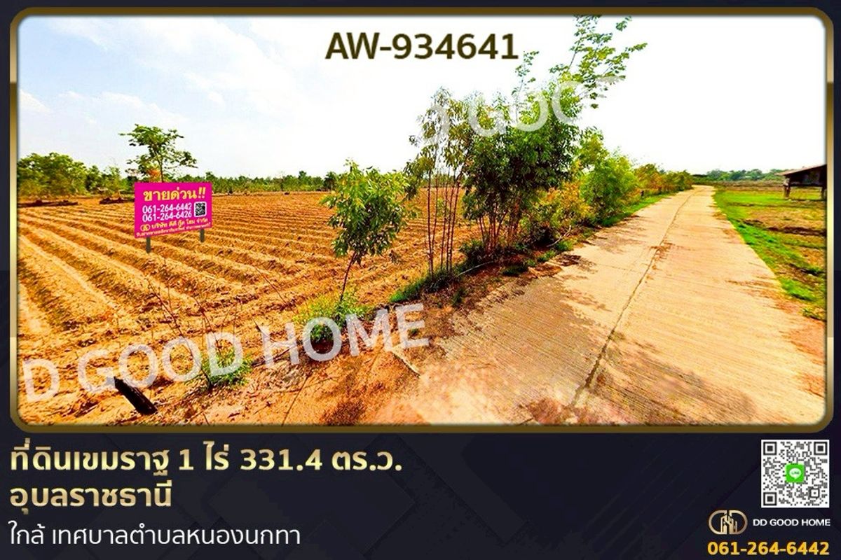 For SaleLandUbon Ratchathani : AW-934641 Land in Khemmarat, 1 rai, 331.4 sq w, Ubon Ratchathani, near Nong Nok Tha Subdistrict Municipality