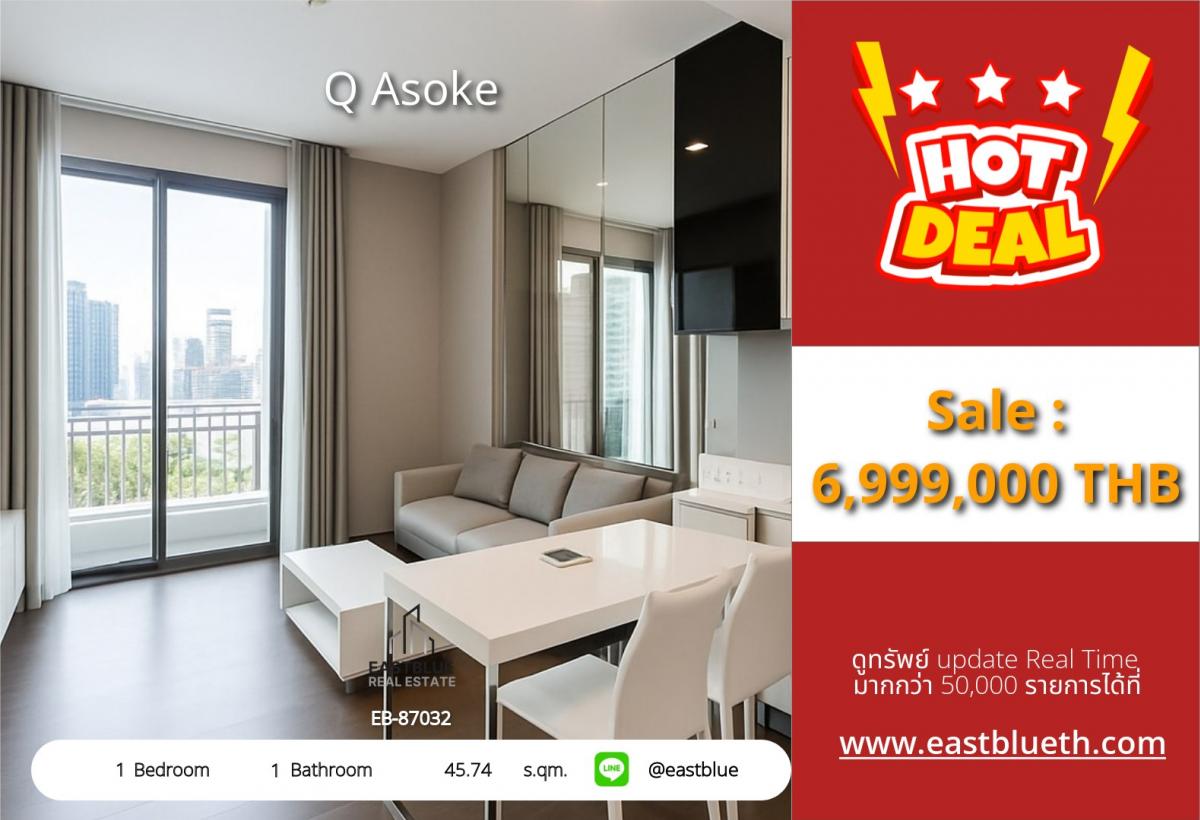 For SaleCondoRama9, Petchburi, RCA : The actual price includes all expenses. Condo Q Asoke 1 bedroom, near MRT Phetchaburi, 45.74 sq m. Ready to move in! Price 6.99 million baht. Free full facilities. Near shopping malls and universities!