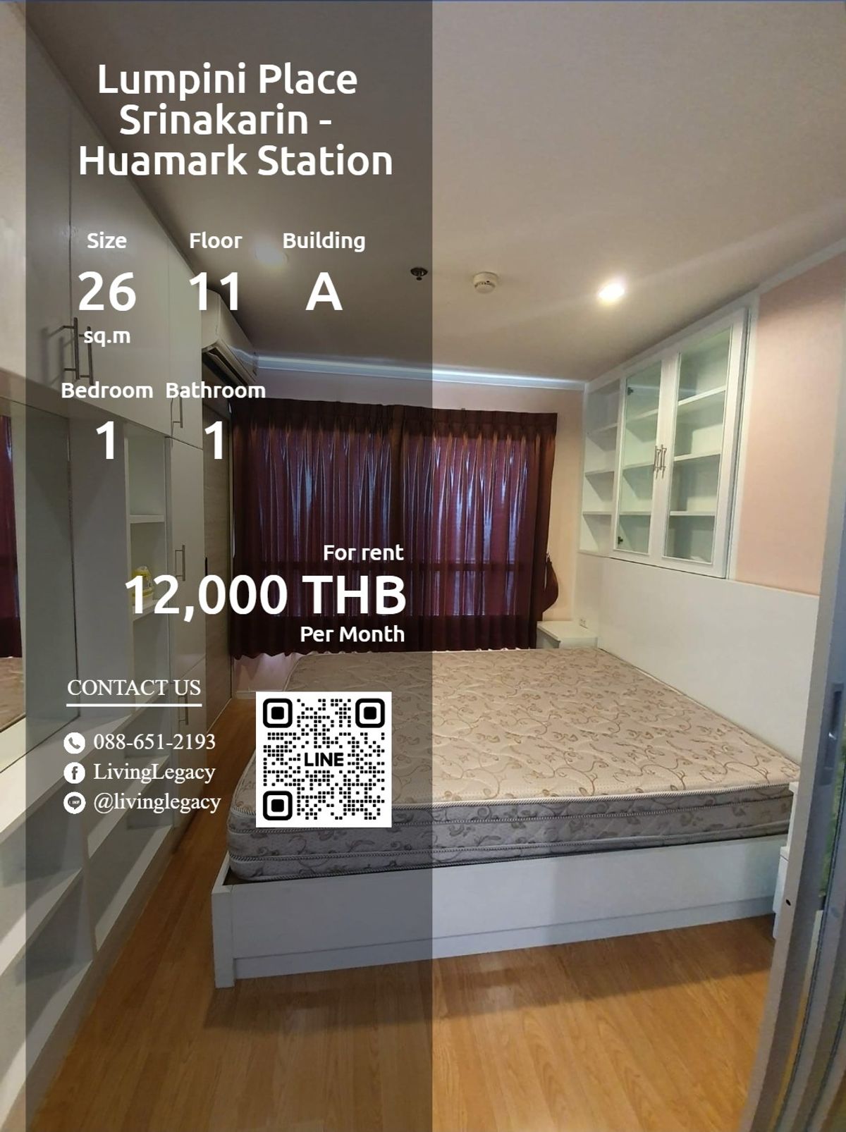 ให้เช่าคอนโดพัฒนาการ ศรีนครินทร์ : SF5ZB6 ให้เช่าคอนโด Lumpini Place Srinakarin - Huamark Station 26 ตร.ม. ชั้น 11 ตึก A line id : @livinglegacy