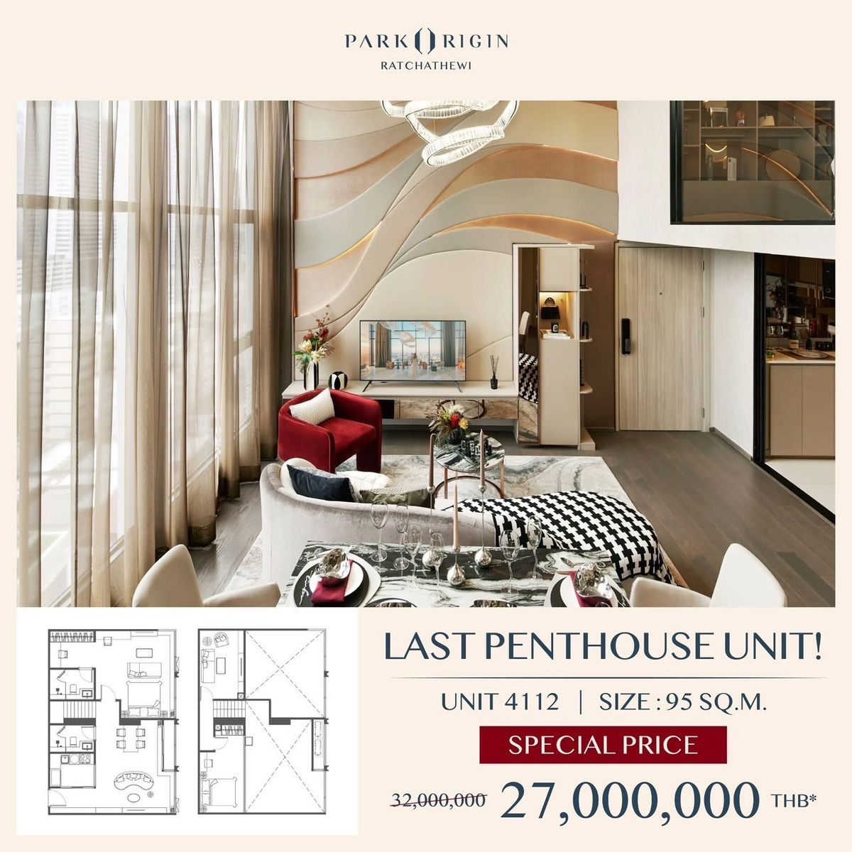 For SaleCondoRatchathewi,Phayathai : 🔥 Urgent !! Register to watch the project 🔥Park Origin Ratchathew (3 bedrooms, 2 bathrooms, 95 sq.m.) only 27 MB !! Tel.0922635410 (Earth)