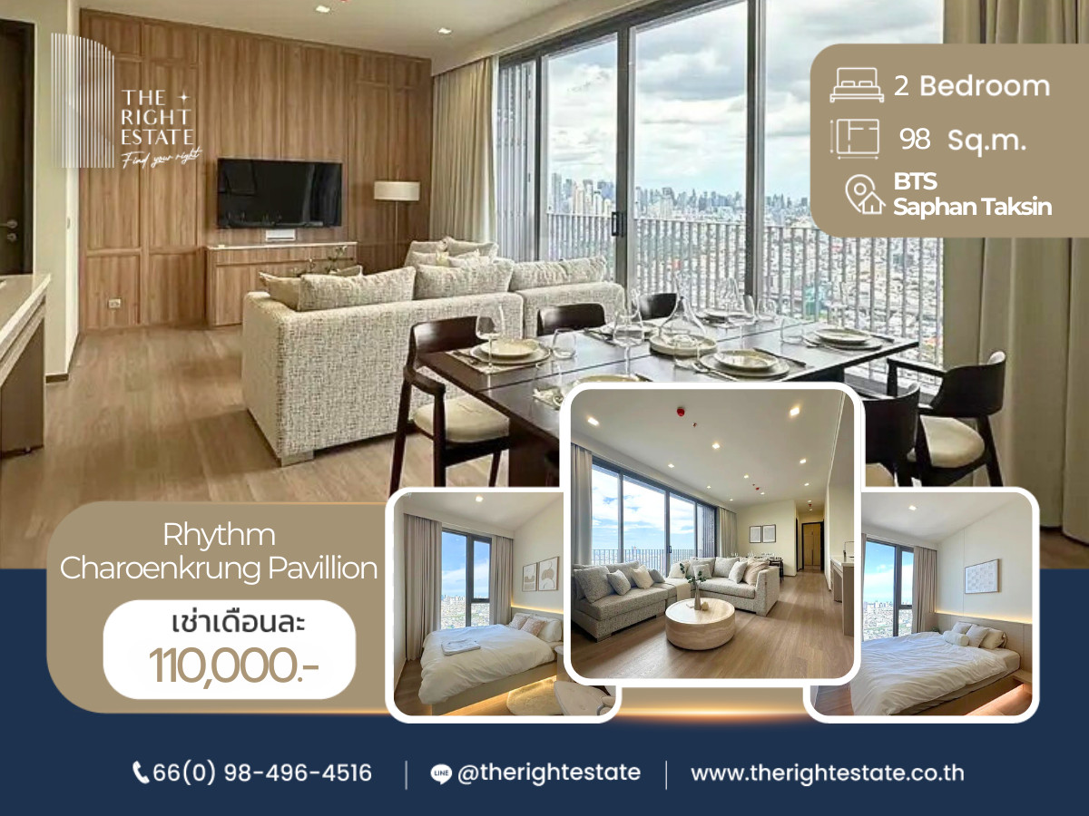 For RentCondoSathorn, Narathiwat : 🌿 Rhythm Charoenkrung Pavillion 🌿 Nice room!! fully furnished 🛏 2 Bed 3 Bath 98 Sq.m near BTS Saphan Taksin 